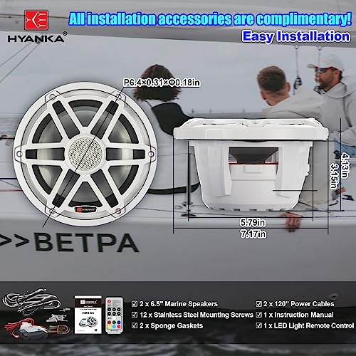 H YANKA HMS-65 6.5 Marine Speakers - 750W 2-Way IP67 Waterproof Boat Stereo System with LED Lights, High-Fidelity Coaxial Speakers, Y35 Magnet Woofer, UV & Salt Spray Resistant - 1 Pair (White) - Thumbnail 6