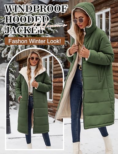 Vancavoo Wintermantel Damen Lang Winterjacke Warm Gefüttert Winterparka Winter Jacke Mantel Parka Steppmantel Daunenmantel mit Kapuze,Armee Grün,L