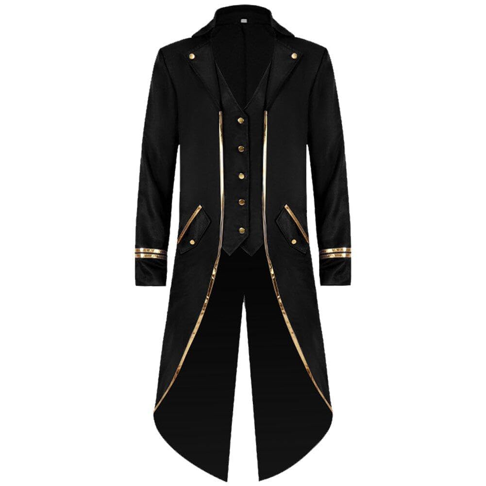 Chaqueta gótica steampunk masculina con corte largo vintage y cuello medieval alzado
