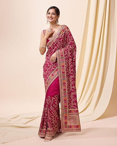 Image of TRENDMALLS Women's Vichitra Silk Heavy Embroidery With Siroski Stone Work Saree with Unstitch Blouse Piece For Women