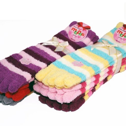 ATB 3 Pairs Lot Fuzzy Toe Socks Soft Striped Womens Thong Flip Flop Wholesale 9-114