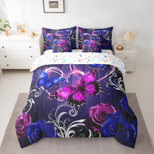 Image of Feelyou Cute Butterfly Comforter Set with Sheets 7 Piece King Size 3D Butterflies Bed in a Bag Kids Boys Girls Galaxy Dreamy Bedding Set Glitter Rose Floral Microfiber