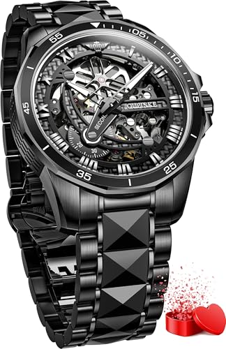 Image of OLEVS Mens Watches Skeleton Mechanical Black Watches for Men Wrist Watches Automatic Luxury Tungsten Steel Sapphire Crystal Waterproof Luminous Gold and Black