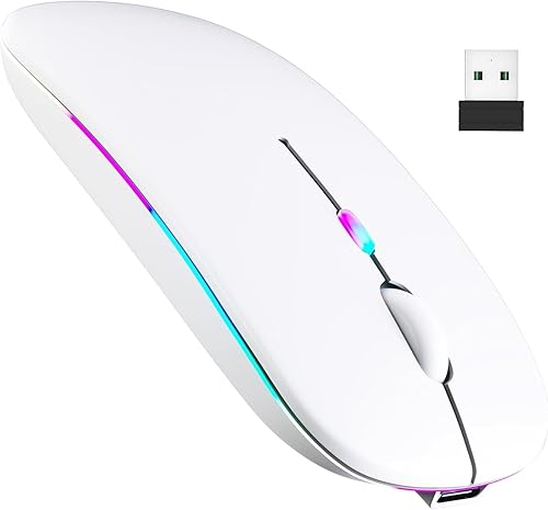 Ratón inalámbrico recargable, mouse inalámbrico LED Bluetooth para iPad, mouse de computadora portátil delgado con receptor USB, conexión dual BT5.4