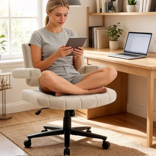 Vigosit Criss Cross Office Chair Plush Oversized for Cross-Legged Sitting Adjustable Arms & 360 Swivel Casters - for Home Office Study Gaming Vanity Comfortable Computer Chair(White)