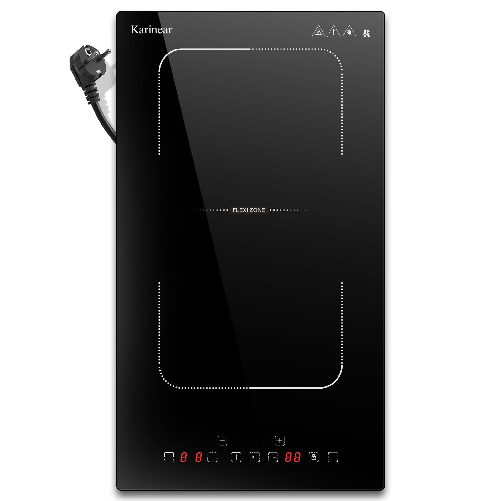 Karinear Placa Inducción 2 Fuegos con Enchufe, Induccion con Zona Flexible, Autónoma Empotrable de 30 cm, Control Táctil, Temporizador, Pausa, Bloqueo de seguridad, 220 V ~ 240 V, 3500 W