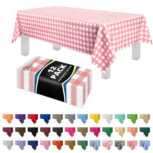 Image of Grandipity Plastic Table Cloth Disposable 12 Pack 54 inch x 108 inch Rectangle | Pink Gingham Plastic table covers, durable disposable tablecloths, fade and tear-resistent table cover for party, event