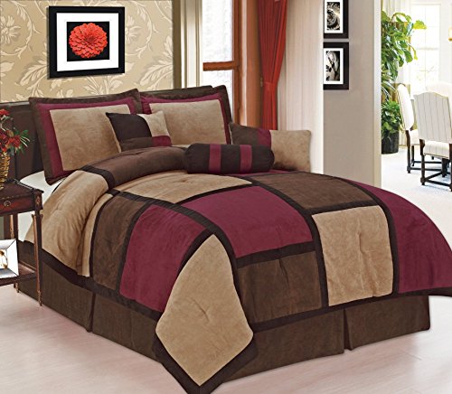 Legacy Decor 7-Pieces Burgundy Brown & Beige Micro Suede Patchwork Comforter Bedding Set Washable Full Size