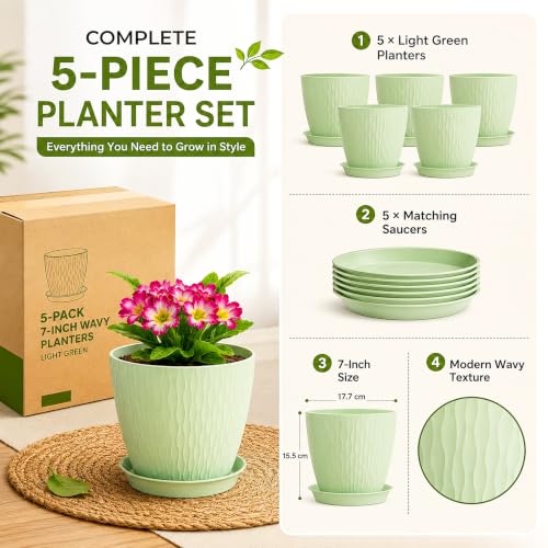 Image of SWAPKART (Pack of 5 6 Inch Plastic Flower Pots for Indoor & Outdoor Terrace,Garden Plants Decorative Planters with Drainage Holes & Matching Saucers Durable & Lightweight (Green)
