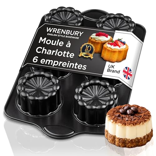 Wrenbury Moule à Mini-Charlottes, Moule à Gâteau Cannelé 6 Cavités - Antiadhésif - Petits gâteaux pour Desserts avec Livre de Recettes - 8.9 cm, Non Toxique