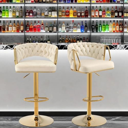 Butacos de barra en terciopelo, set de 2, modernos y giratorios con respaldo tejido, ajustables en altura, patas y base metálicas doradas, para isla de cocina, comedor, café o pub (blanco) miniatura 2
