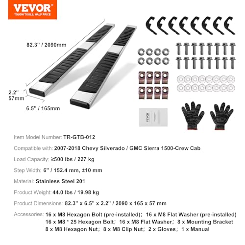 VEVOR 6 Zoll Trittbretter kompatibel mit 2007–2018 Chevy Silverado/GMC Sierra 1500 Crew Cab/2019 2500HD 3500HD 1500 LD, 201 Edelstahl-Seitentrittbretter, Tragkraft 227 kg, 2-teilig