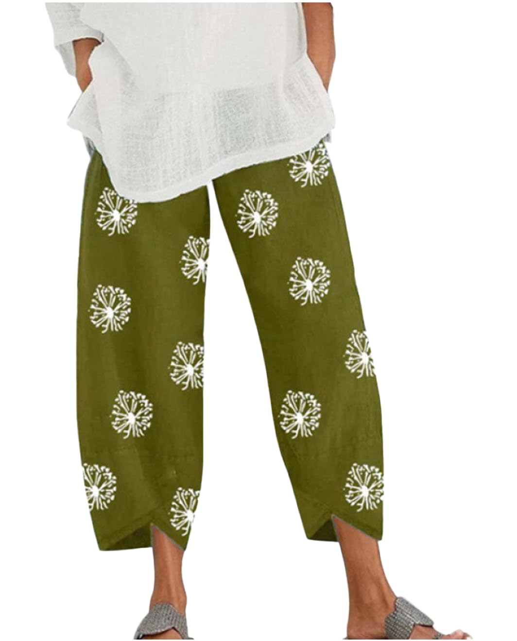 Capris Pants for Womens Cotton Linen Wide Leg Plus Size Cropped Pants Print Comfy Elastic Waist Sweatpants