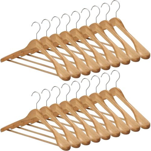 MELA'S Wooden Wide Clothes Hanger, Natural Wood, Pack of 18, Non Slip, for Stable Jacket, Suit, Shirts, Extra Wide Shoulders, Trouser Bars, 45 x 23 x 5.5(Natural)