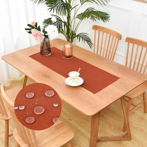 Waterproof Faux Linen Table Runner Farmhouse Short Rust Table Runner 36 Inches Rustic Washable Runners Dresser Scarf for Kitchen Dining Room Indoor Outdoor 13x36 Inch
