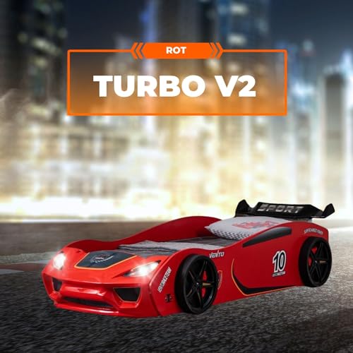 TRAUMMÖBEL Autobett Turbo V2 Kinderbett im Rennwagen-Design mit Lattenrost Farbe Rot