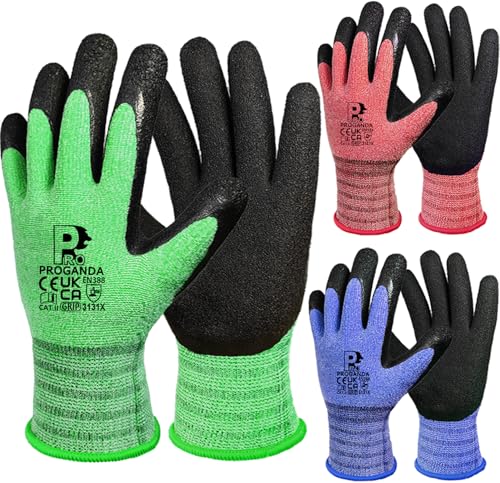 PROGANDA 3 Paar Gartenhandschuhe für Damen Herren Latex beschichtet Arbeitshandschuhe Griff Atmungsaktiv Bequem für Mehrzweck