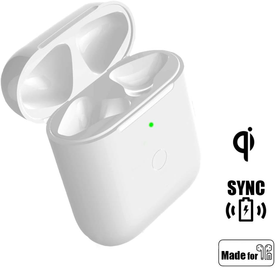 Wireless Charging Case Replacement Compatible with AirPods 1 2, QI AirPod Charger Protective Cover with Sync Bluetooth Pairing Button, Built-in Battery 5 Times Full Charge (White)