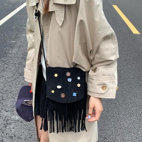 Women's Boho Fringe Crossbody Bag, Suede Leather Mini Shoulder Purse, Vintage Colorful Button Decor Tassel Tote Satchel4