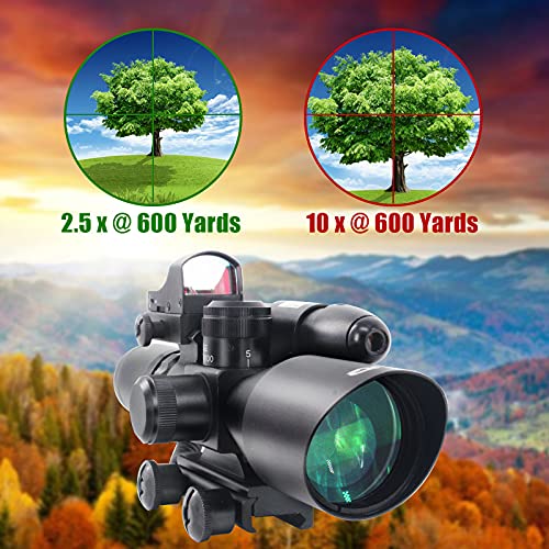 UUQ 2.5-10x40 Combo Rifle Scope, Dual Illuminated Mil-dot Reticle, W/Mini Reflex 3 MOA Red Dot Sight and Laser Sight (Green Laser) - Thumbnail 7