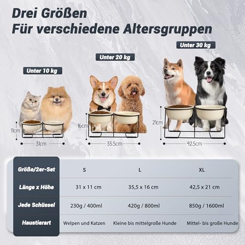 Hundenapf Set Erhöht Hundenäpfe Keramik - Fressnapf Hund 2er Set mit Rutschfestem Metallständer - Doppelnapf Hund für Futter und Wasser - Ideal für Kleine und Mittelgroße Hunde - 2 x 800 ml - Beige