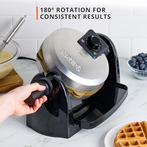 Image of KRUPS Waffle Maker, Rotating Belgian Waffle Maker, 180 Flip Waffle Iron, Ceramic Non-Stick Plate, 3 Browning Control Levels, Foldable Cool Touch Handle, Removable Drip Tray, Stainless Steel