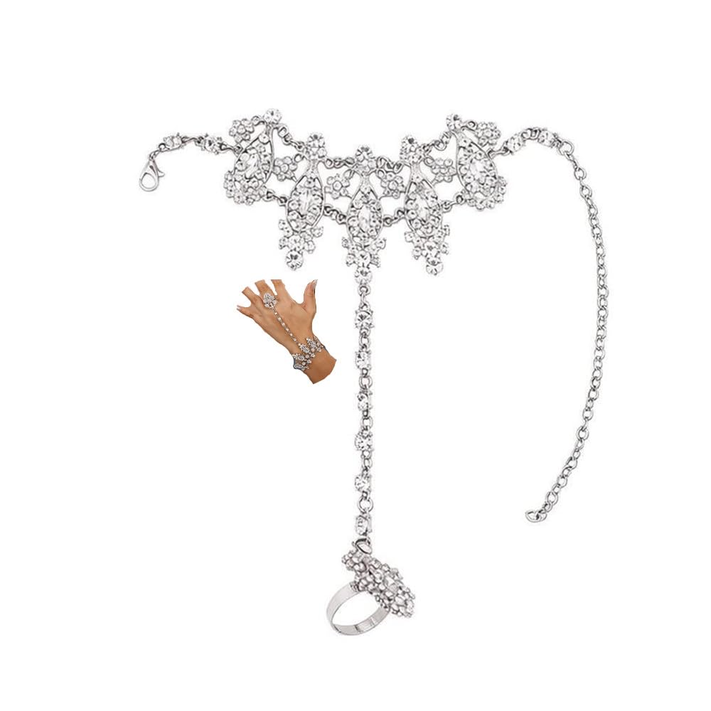 Silver Rhinestones Finger Ring Bracelet Hand Chain Bracelets with Ring Harness Slave Bracelets Boho Bangle Bracelets for Women