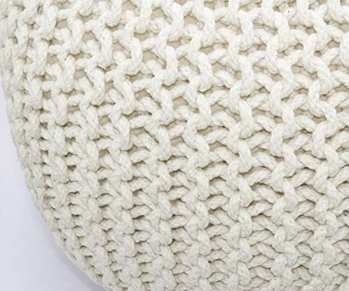 Cotton Craft - Hand Knitted Cable Style Dori Pouf - Ivory - Floor Ottoman - Cotton Braid Cord - Handmade & Hand Stitched - Truly One Of A Kind Seating - 20 Dia X 14 High #TOP2