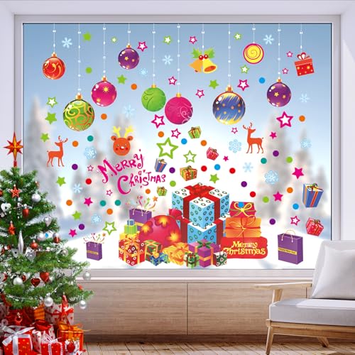Rotumaty Christmas Window Clings, 118PCS Christmas Ball Snowflake Gift Box Window Stickers for Xmas Glass Window Decorations, Winter Holiday Decal Home Party Ornaments