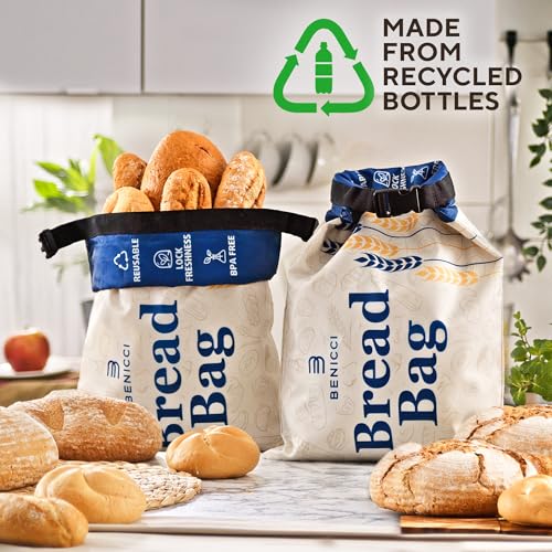 2 Pack Reusable Bread Bags - Perfect To Store Homemade Sourdough Loaf Breads - Special Double-Lock for Longer Freshness - Extra Large Food-Grade Bags - Freezer-Safe Bags for Bread Lovers