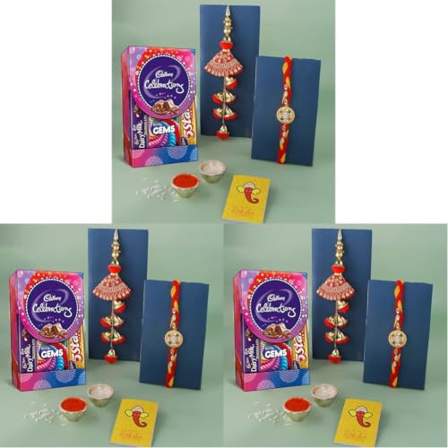 Image of Rakhi Gift for Brother Bhabhi with Cadbury Celebration Chocolates Pack, Rakhi Gift for Bhaiya Bhabhi with Rakshabandhan Greeting Card, Stone Studded Beaded Floral Rakhi for Brother Bhabhi with Cadbury,Greeting Card, Tilak set