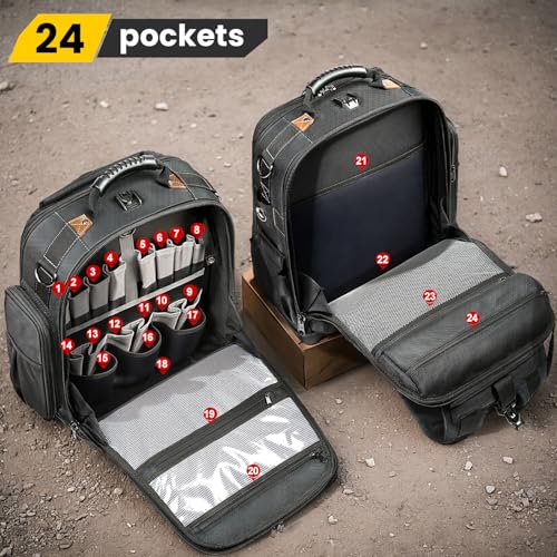 WINHUNT Tool Backpack for Men, Heavy Duty Tool Bag Backpack with Waterproof Molded Base, Multiple Pockets tool rucksack, 36 x 22 x 20.5 cm, Tool Storage Organizer Bag for Electrician, Black - Image 4