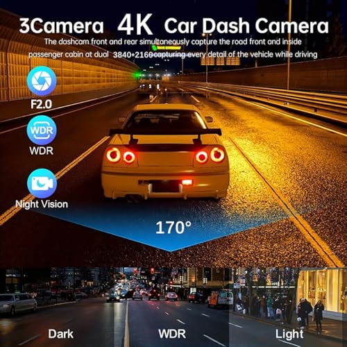 XRC TECH Câmera de painel de 3 canais, DVR de carro de três vias frontal interna traseira, 4K + 1080