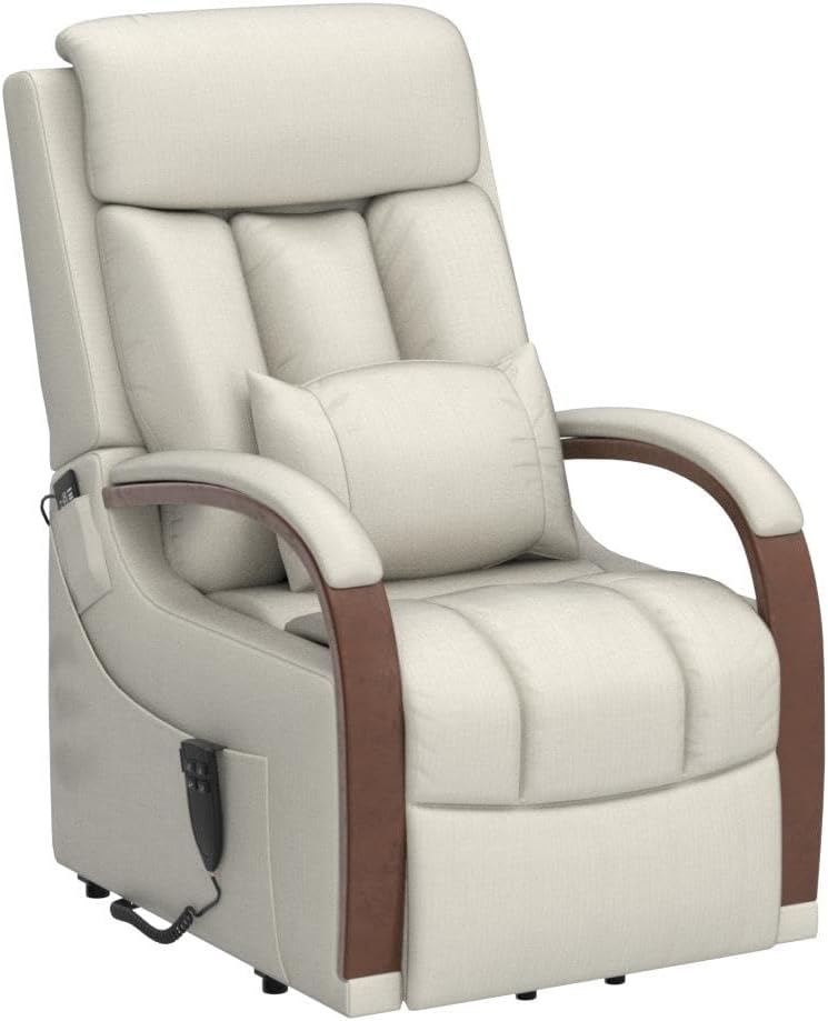 Small Lift Chair Recliner with Heat and Massage, Dual Motor Power Lift Sofa with Infinite Adjust for Back and Footrest (Fabirc,Beige)