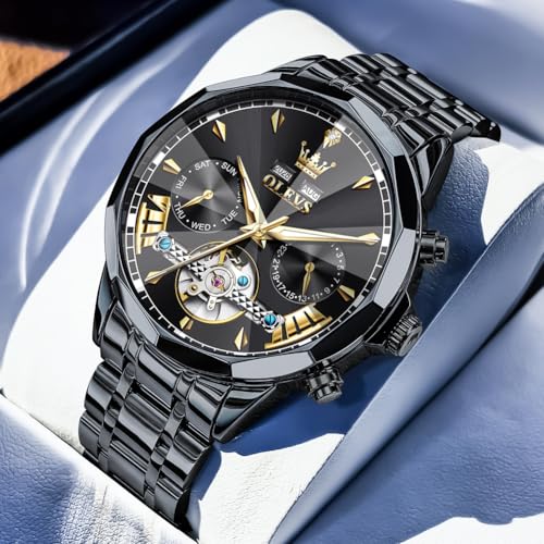 Image of OLEVS Automatic Self Winding Men's Wrist Watch Skeleton Stainless Steel Calendar Chronograph Waterproof Luminous Luxury Gift Branded Watch for Man