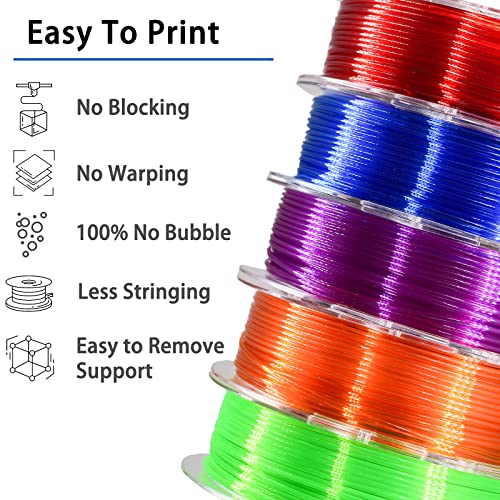 Image of PETG Filament 1.75mm, Clear Transparent Filament 5 Colors, 3D Printer Filament Bundle Multicolor, 1.75 PETG + /- 0.02mm, 3D Printing Red Green Blue Purple Orange 200g x 5 Spools