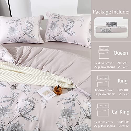 MILDLY 100% Long-Staple Cotton Duvet Cover Set Light Pink Elegant Floral Pattern Printed Comforter Cover 3pcs, Ultra Soft & Breathable Bedding Set