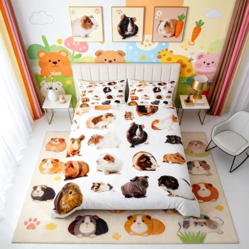 Loussiesd Guinea Pig Duvet Cover Cute Pet Print Bedding for Girls Boys Children Bed Linen Set Lovey Guinea Pig Comforter Cover 3D Animal Theme Room Decor Bedspread Cover Single 2Pcs Bedclothes