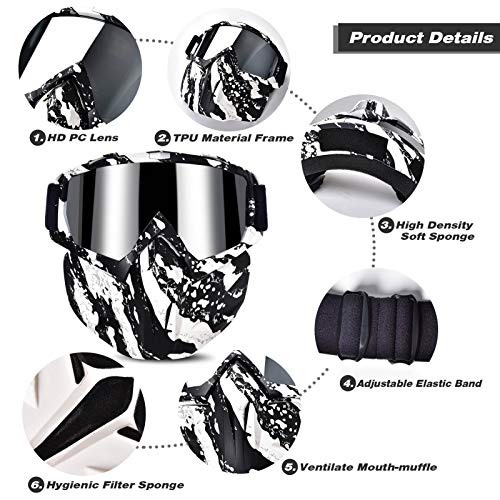 BOLLFO Motorcycle Goggle Mask,Protective Glasses with Detachable Mask for Cycling,Skiing,Paintball,Riding,Snowmobile,Halloween Adjustable Windproof Outdoor Anti-Fog Face Mask (White & Black Frame)