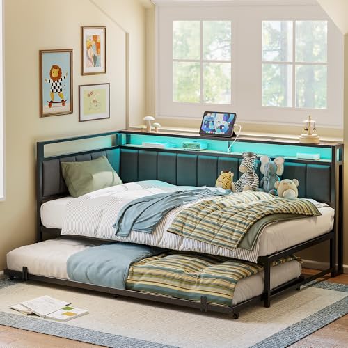 LIKIMIO Corner Twin Bed Frame with Trundle Upholstered Storage Headboard & LED Lights Twin Size Daybed with Charging Station Sturdy Platform Metal Frame for Living Room Bedroom Guest Room Gray