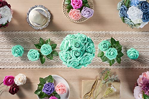 H.flolavida Turquoise Foam Rose Artificial Flowers Heads With Stems, 25Pcs Fake Flowers For Diy Wedding Decor, Baby Shower, Bridal Shower, Wedding Bouquet,Party Centerpiece Table Decorations #TOP4