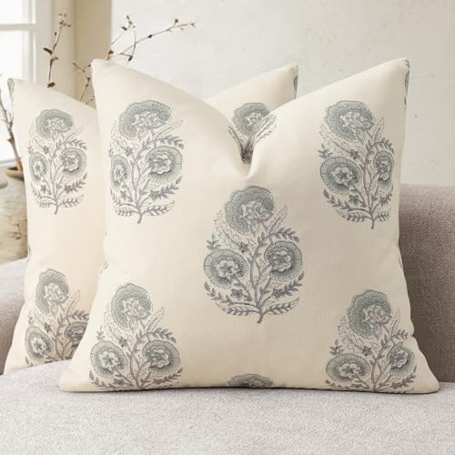 Image of YCOLL Vintage Floral Print Pillow Covers 20x20 Set of 2 Patterned Accent Decorative Cushion Covers Modern Farmhouse Throw Pillow Covers for Sofa Couch Chair Bed Living Room Home Decor, Aqua Haze