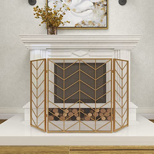 Deco 79 Metal Geometric Foldable Mesh Netting 3 Panel Fireplace Screen With Chevron Pattern, 52" X 1" X 31", Gold #TOP4
