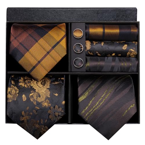 Image of Hi-Tie 3 Pcs Gift Box Mens Tie Set Necktie with Pocket Square Cufflinks Lapel Pin Silk Neck Tie Collection