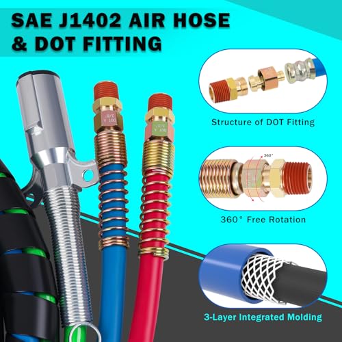 CheeMuii 12 FT Semi Truck Air Line Kit With Gladhand Holder and Springs - Red & Blue Brake Hoses and 7 Way Trailer Cord 3-in-1 for Tractor