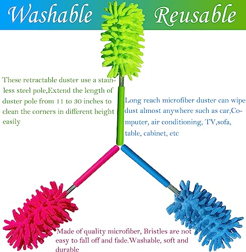 M-Jump 3 Pack Retractable Long-Reach Washable Duster For Cleaning, Microfiber Hand Duster Brush With Telescoping Pole For Cleaning Car, Window, Furniture, Office #TOP4