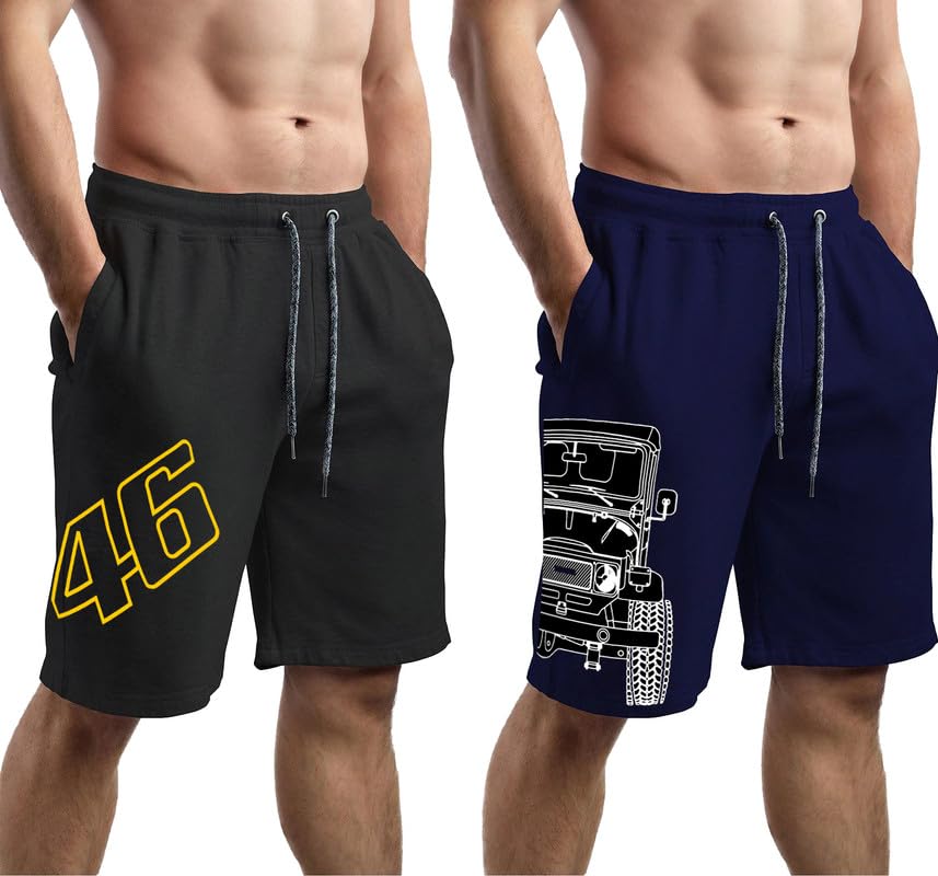 hotfits Men's Casual Cotton All Season Soft Feel Fabric Printed Regular Shorts,Workout Shorts, Elastic Waist Running Shorts with 2 Side Pockets - Pack of 2