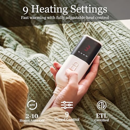 Electric Blanket Twin Size 62''X84'' - Heated Blanket with Single Control Fast Heating 9 Heating Levels & 10 Hours Auto Off,ETL Certified Machine Washable (Gray Green