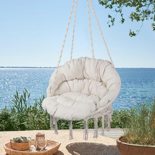 Silla colgante de macramé con borlas, silla columpio de cuerda de algodón bohemio, capacidad máxima de 330 libras, perfecta para interiores y exteriores, hogar, jardín, patio y relajación. - imagen 3