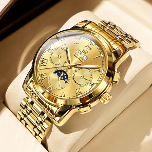 OLEVS Men's Casual Fashion Waterproof Gold Stainless Steel Band Quartz Gold Watches Gifts for Men
